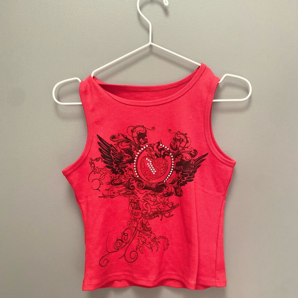 red tank top with rhinestones! not cropped